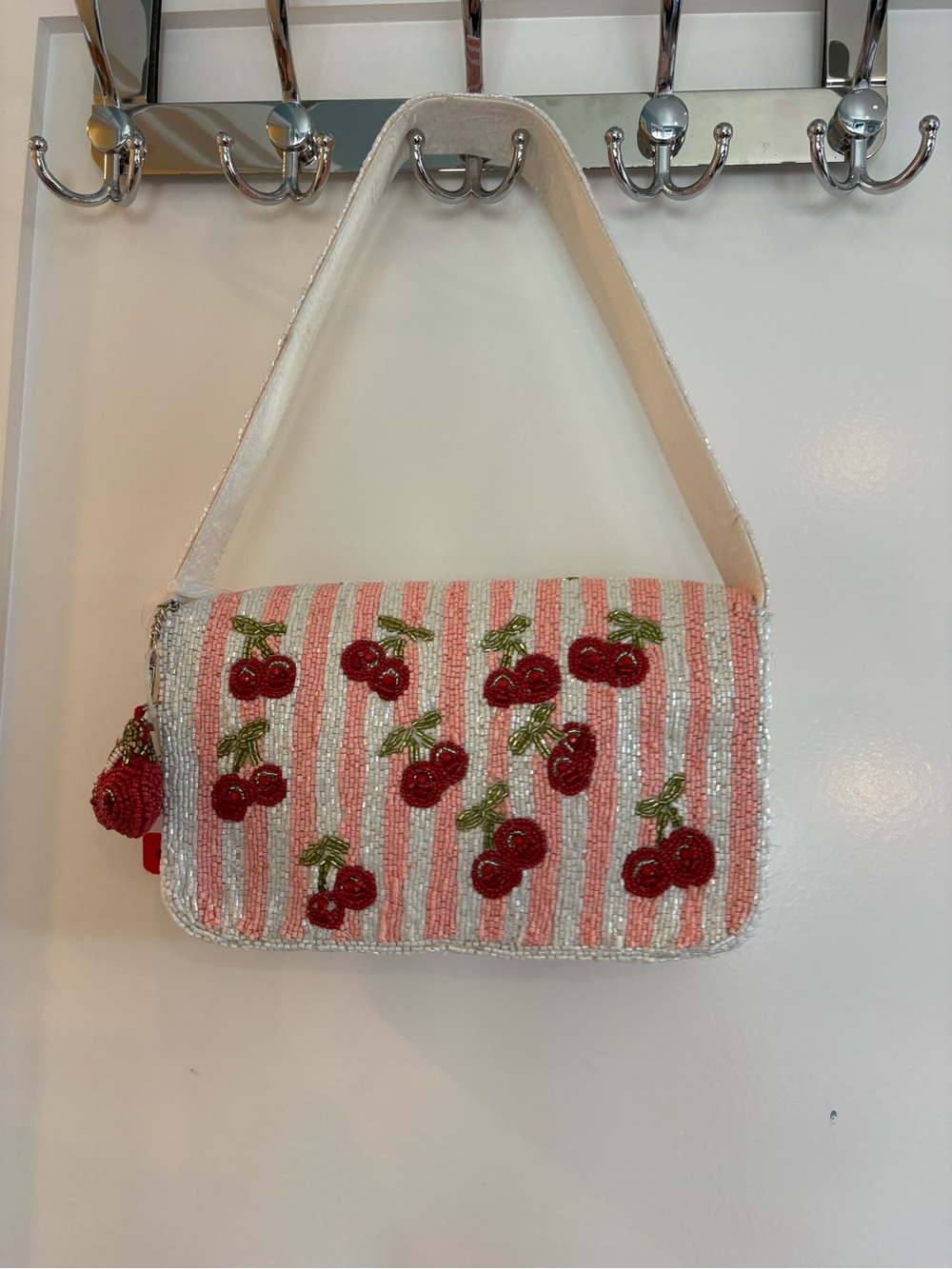 NWT Viral Beaded Cherry Bag Pink White Stripe Shoulder Purse - Picture 3 of 10